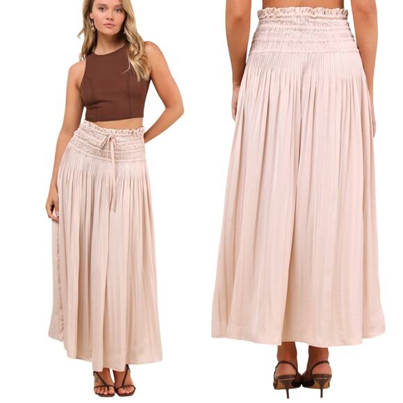 Lulus Dresses & Skirts - Lulus Maina Beige Plisse Drawstring High-Rise Maxi Skirt size XS NWT